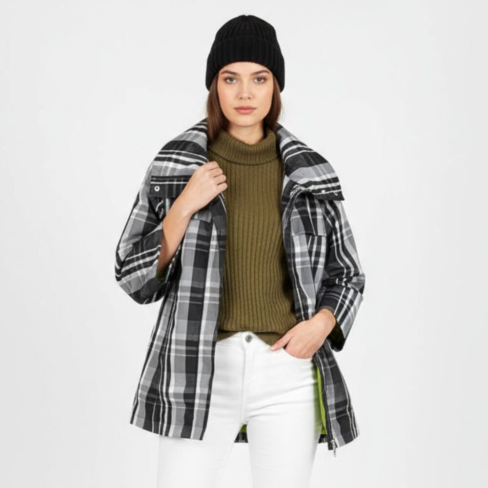 Luii Black White Plaid Gingham Checker Print Zip Front Water Resistant Jacket S